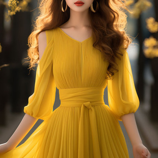 黄色雪纺露肩泡泡袖连衣裙2024夏款女装高端精致大摆气质沙滩裙子