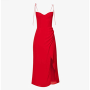 法式大红色雪纺v领性感吊带连衣，裙子小众设计气质显瘦高端中长裙