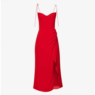 法式大红色雪纺v领性感吊带连衣裙子小众设计气质显瘦高端中长裙