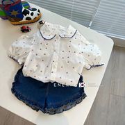 韩国童装夏季女童短袖衬衫，娃娃领樱桃印花上衣，配牛仔短裤套装