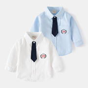 男童领带长袖衬衣韩版2024春装刺绣，中小儿童宝宝洋气上衣衬衫