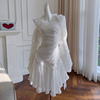 法式复古宫廷风白色轻婚纱，礼服女小众不规则褶皱雪纺连衣裙68033