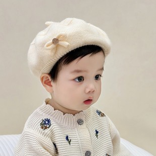 婴儿帽子秋冬款韩版洋气女童针织，贝雷帽冬季保暖公主女宝宝毛线帽