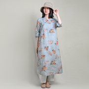 中式复古苎麻印花中袖连衣裙蓝色双层五分袖气质中国风茶服旗袍裙