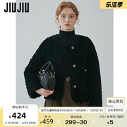 JIUJIU黑色气质皮毛一体短外套女冬季2023100%羊毛麂皮绒上衣