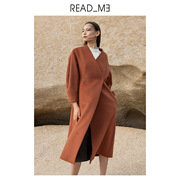商场同款readme秋冬女士，无领收腰长款羊毛，双面呢大衣60932417
