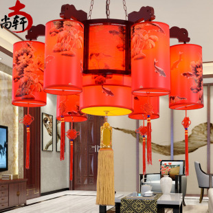 中式实木复古吊灯餐厅火锅店，茶楼饭店包房客厅灯饰，中国风羊皮灯具