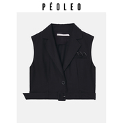 飘蕾无袖v领短款2024夏黑色(夏黑色，)时髦洋气，个性甜酷时尚马甲peoleo