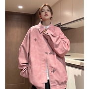 粉色外套女新中式高级感宽松工装夹克胖mm学生韩版复古褂子上衣潮