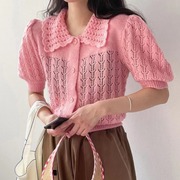 韩国chic春夏法式减龄钩花镂空娃娃领泡泡，袖短款针织衫洋气小衫女