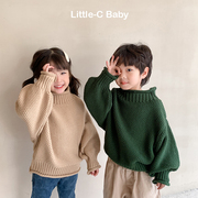 韩国儿童2024春装男女童，毛衣外套纯棉，厚实半高领针织衫毛衣