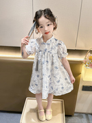 青花瓷国风女童，夏季连衣裙中国风儿童连衣裙纯色