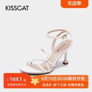 kisscat接吻猫夏季羊皮露趾一字扣后空细高跟凉鞋女ka21110-10