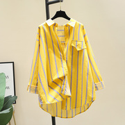 中长款黄色条纹衬衫女2024年夏季蝙蝠袖衬衣设计感上衣春秋款