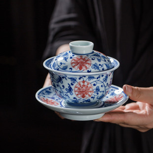 手绘青花瓷缠枝莲三才盖碗釉里红，仿古茶具鸿运，当头柴窑功夫泡茶碗