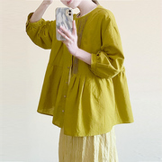 crisp 日系棉麻衬衫上衣女七分袖小众设计感娃娃衫衬衣2022年