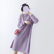 宽松直筒显瘦长袖圆领中长款卫，衣女薄款2021紫色休闲连衣裙子