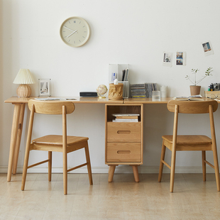 北欧双人书桌书柜一体橡木一字，桌实木电脑桌，家用连体学习桌子母桌