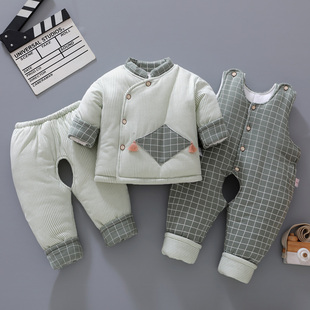 新生婴儿棉衣套装加厚冬季男宝宝，衣服0-1岁女棉袄背带三件套外出