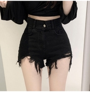 敲显瘦!韩国高腰牛仔短裤，女紧身显瘦磨破洞，a字毛边拉丝热裤2021