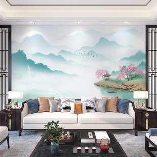 2024新中式水墨山水画影视墙壁布客厅电视背景墙壁纸墙纸壁画