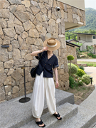 Motzu 日系亚麻牛仔短袖衬衫女2023年夏季设计感小众短款上衣