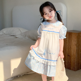 女童法式短袖公主裙，2024夏季小女孩，气质蕾丝泡泡袖连衣裙长裙