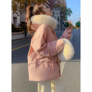 韩国短款羽绒棉服，女冬季时尚韩版小个子大毛领，连帽面包服外套