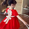 女童连衣裙夏装2023女宝红色，泡泡袖公主，裙镂空爱心美背雪纺裙