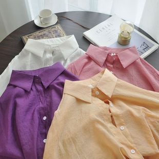 夏装纯色防晒衬衫女宽松中长款薄款韩版学生bf风紫色衬衣薄外套