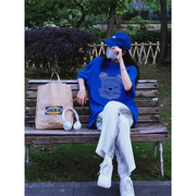 正肩女t恤2024夏季女装设计感宝蓝色，上衣小个子半袖纯棉短袖