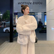 韩国羊羔绒大衣女冬季软糯毛绒，短款开衫上衣仿獭兔毛皮草外套