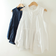 立领镂空花朵显瘦刺绣白色蕾丝，无袖背心女装，衬衫内搭夏季上衣蓝色