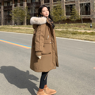 2023卡其色连帽派克服冬季女韩系宽松减龄加厚中长款棉服