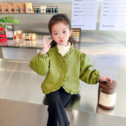 女童春季花边皮衣外套，2024韩版儿童春装宝宝，洋气时尚夹克上衣