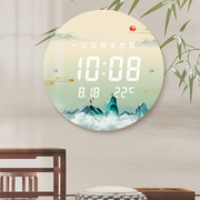 高档中式复古挂钟带日历温度中国风山水画风景客厅万年历电子时钟