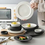 竖纹黑白防滑米饭碗家用汤碗面碗沙拉碗装菜盘子北欧简约陶瓷餐具