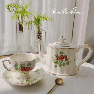 ins法式复古田园野草莓，陶瓷咖啡杯碟茶壶套装，欧式轻奢英式下午茶