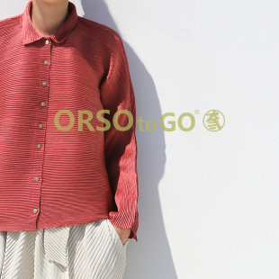 ORSO原创设计师褶皱女装扣衫长袖女衬衫大码高端上衣红色翻领