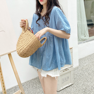 娃娃衫上衣2024年夏季韩版宽松法式宫廷气质方领绣花棉布衬衫女