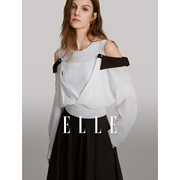 ELLE法式设计感黑白撞色露肩毛针织衫女2024春装短款圆领毛衣