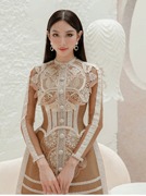 越南小众设计师款蕾丝，连衣裙水溶蕾丝长袖，收腰花苞裙摆裙子度假裙