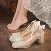 法式粗跟高跟鞋女成人礼2024气质方头公主单鞋，伴娘婚鞋新娘鞋
