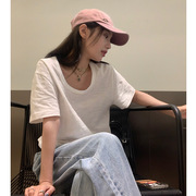 纯色简约宽松竹节棉圆领，短袖t恤女夏季韩版时尚打底叠穿上衣