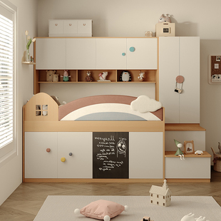 安兰图多功能储物半高床儿童床，小户型上床下柜组合床中高床带书桌