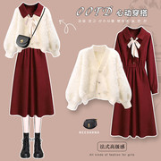 高冷御姐风红色连衣裙，秋冬女2023年圣诞，女装法式漂亮毛衣裙子套装