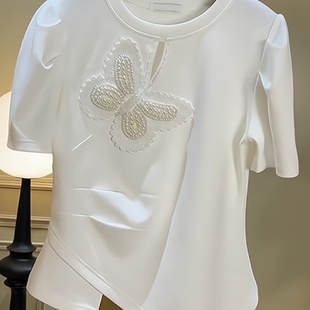 白色圆领蝴蝶镶钻不规则短袖t恤女夏季女装，2024百搭气质上衣
