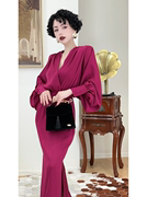 路易小姐图卢姆玛雅复古玫红紫宽松连衣裙宫廷风夏季长款裙子
