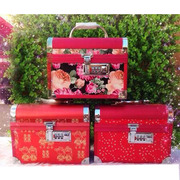 结婚首饰盒新娘梳头盒喜字，皮制密码带锁手提化妆箱，中式红色