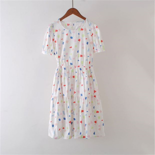 夏季女士cache连衣裙，女韩版短袖圆领收腰气质显瘦印花中长裙子